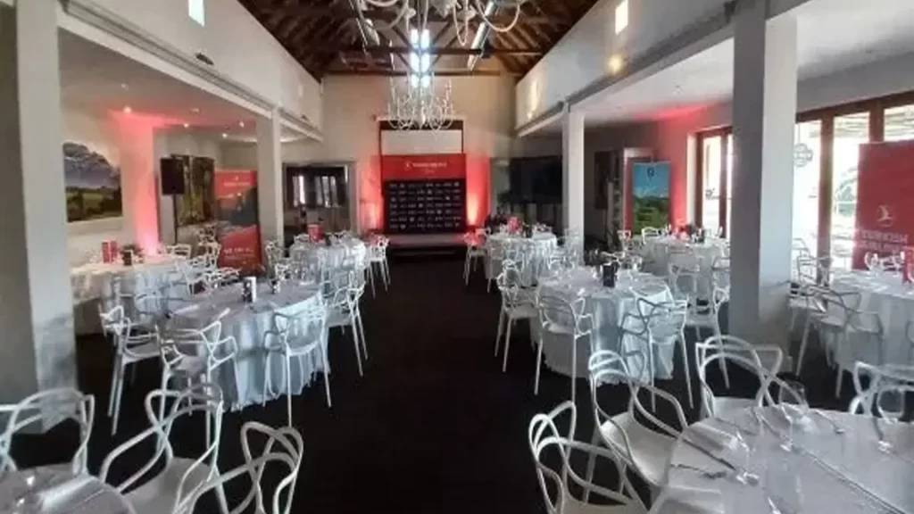 Corporate breakfast set-up at De Zalze Golf Club with Audio Elite’s professional sound and lighting equipment