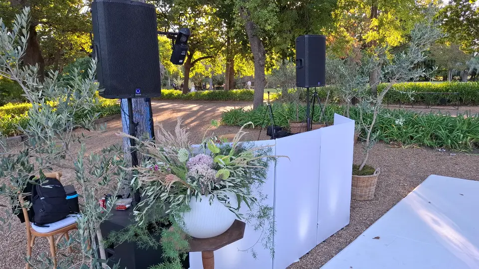 Outdoor wedding DJ setup White DJ Booth